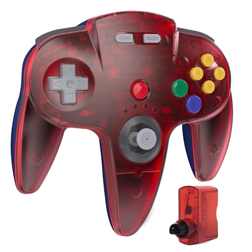 miadore Wireless N64 Pro Controller für N64 Konsole,Plug & Play, N64 Empfänger, 500-mAh-Akku, Rumble-Funktion,Retro Gaming Joystick kompatibel mit der N64-Konsole (klar rot)
