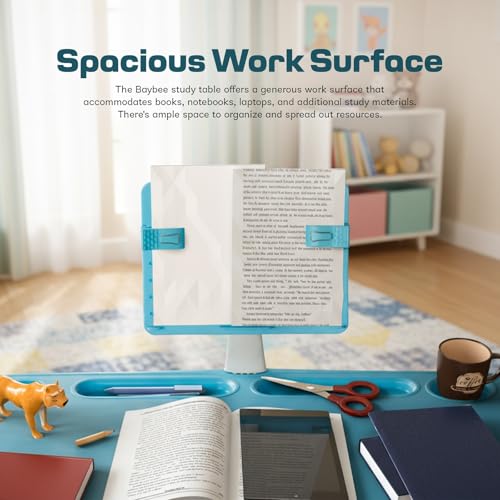 Image of BAYBEE Study Table with Chair for Kids 2+ Years Boys & Girls | 3 Level Height Adjustable Baby Desk Table Set | Ergonomic Kids Table Desk Chair with Book Storage, Tablet, Pen & Bottle Holder (Blue)