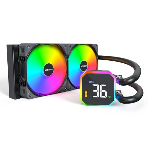 Image of MONTECH HyperFlow Digital 240 CPU Liquid Cooler, 240mm AIO with 3100RPM Pump, 2x120mm E28 ARGB Fans, Real-Time Digital Display, Intel & AMD Support (Black)