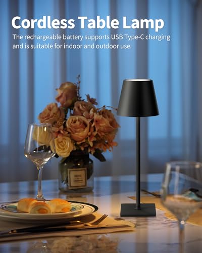 KDG 2 Pack Cordless Table Lamp,Portable LED Desk Lamp, 5000mAh Battery Operated, 3 Color Stepless Dimming Up, for Restaurant/Bedroom/Bars/Outdoor Party/Camping/Coffee Shop Night Light(Black) - Image 3