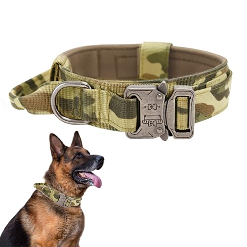 Taktisches Hundehalsband, Verstellbare Halsband Mit Kontrollgriff Weich Gepolstertes Nylon Hunde Halsband mit robuster Metallschnalle für Mittlere Große Hunde (Camo, L)