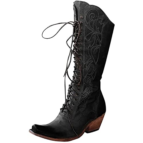 oiangi Womens Chunky Heel Lace up Boots Fashion Square Toe Solid Color Quilted Thick Heel Mid Calf Boots Vintage Comfortable Casual Low Heel Shoes