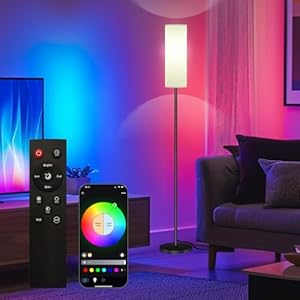 Smart LED Floor Lamp with APP Control & RGB Colors – Dimmable Standing Lamp for Living Room, Bedroom, Gaming – Remote, Timer, 9W Bulb Included, 67″ Modern Tall Lamp (black pole + white shade)