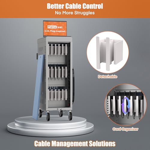 Image of Fully Assembled 18 Bay Laptop Charging Cart on Wheels, Heavy Duty Laptop Storage Cart for iPad Chromebook Tablet Up to 14-inch Screen with Key Lock, Charger & Cable Organization, Grey
