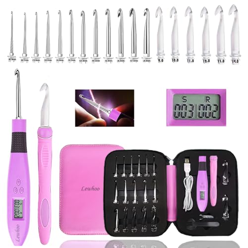 Image of Lewhoo 18 Size Counting Light Up Crochet Hook,Digital Crochet Hooks with Stitch Counter,Lighted Metal Crochet Needle with Case