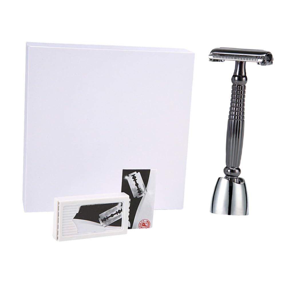 Manual Double-edged Razor with Extended Handle and Stand Alloy Safety Shaver for Men Beard and Body Hair Shaving Tool with Textured Grip for Precise Smooth Shave at Home and