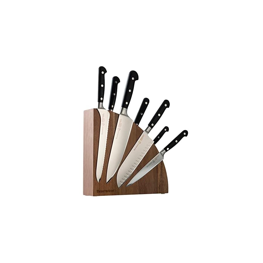 Messermeister Meridian Elite 8-Piece Magnet Block Set - Includes Chef’s, Scalloped Offset, Kullenschliff Carving, Santoku, Carving Fork, Utility & Paring Knife + Magnet Block