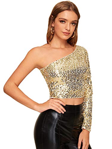 Verdusa Women's One Shoulder Glitter Sequin Crop Top Gold M #TOP20