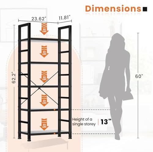 Sweetcrispy Book Shelf, 5 Tier Bookcase, Modern Tall Bookshelf for Garage Kit, CDs, Movies, Industrial Corner Storage Organizer for Bedroom Home Office Kitchen Living Room, Black