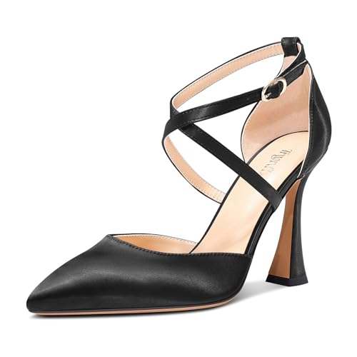 TNYNFBEB Womens Stiletto High Heel Pointed Toe Pumps Cross-Strap Two-Piece Buckle Prom Dress Satin 3.9 Inches Heels