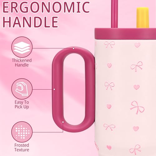 24oz Bow Tumbler with Handle and Straw,Insulated Stainless Steel Tumbler,Coffee Mug,Keep Drinks Hot and Cold,Cute Travel Mug,Gifts for Teens Women Mom