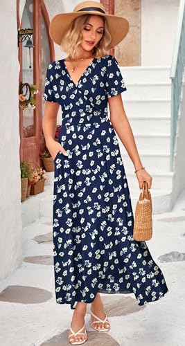 Image of WNEEDU Women's Summer Maxi Dress Short Sleeves Wrap V Neck Long Dresses with Pockets