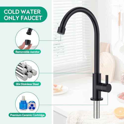 CREA Kaltwasserhahn Küche, Wasserhahn Kaltwasser, Armatur Kaltwasser für Küche oder Garten,Drehung-Spültischarmatur 360°,Wasserhahn Küche nur Kaltwasser, Matt Schwarz