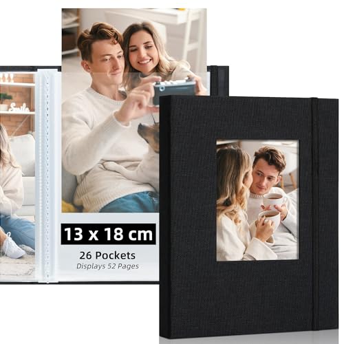 Remowith Álbum de Fotos 13x18 con Portada Personalizada – 26 Bolsillos (Capacidad para 52 Fotos) – Álbum Fotos DIY para Familia, Viajes, Bodas, Negro