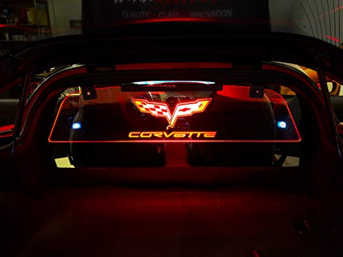 Windrestrictor Glow Plate Accessory for C6 Corvette Coupe Targa Top 2005-2013, Flags-Corvette Graphic Logo, Top-Mount Wind Deflector, Multi-Color LED w Dimmer Remote, Bundle Price