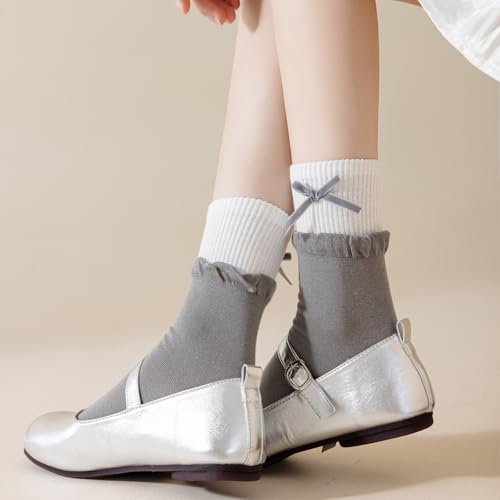 Image of Yomutiur Crew Socks for Women, Double Ribbed Sock Cuff with Cute Bow Sweet Cotton Rolled Socks Odor-resistant