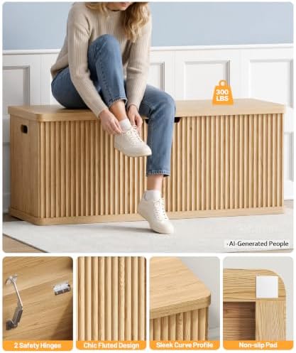 Akxomel 45.3" Fluted Storage Chest Wooden Storage Trunk 2 Safety Hinges Oak - 5