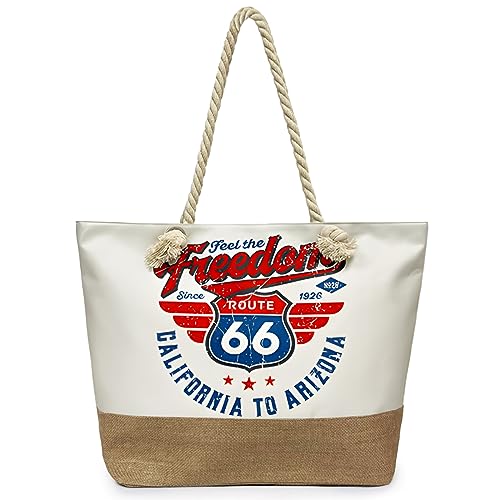 Large Beach Tote Bags for Women Vintage Route 66 Style Canvas Travel Tote Bag with Zipper Gift Shoulder Purses