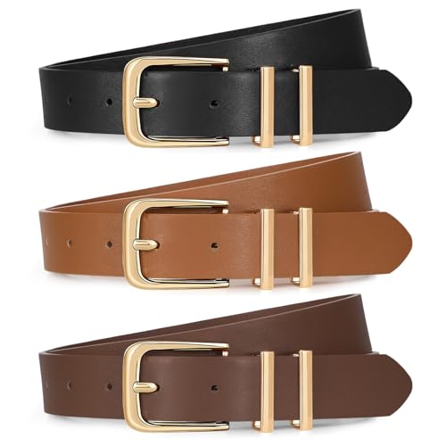 Image of XZQTIVE 3 Pack Women Belts For Jeans Dresses Pants Ladies Leather Waist Belt with Gold Buckle