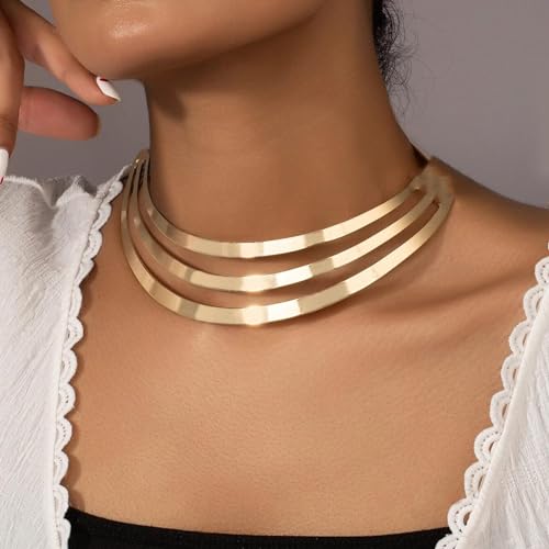 Chunky Gold Necklace Gold Statement Necklace for Women Dainty Gold Choker Necklace Gold Chunky Necklace Gold Chain Charm Necklace Exaggerated Ethnic Big Statement Necklace Gold African Tribe Wide Metal Choker Jewelry2