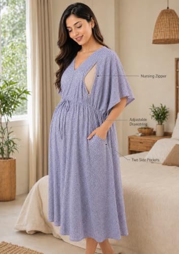Image of Noty Women's- Kaftan | Maxi | Maternity | Feeding | Delivery Gown- Cotton Fabric- V Neck | Floral Print | 2 Pockets | Midi