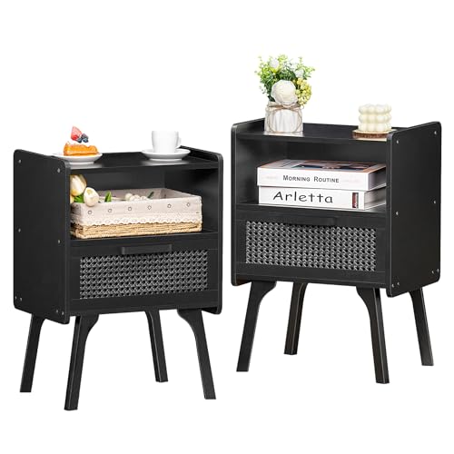 Image of Lerliuo Rattan Nightstands Set of 2, Boho Side Table with Drawer Open Shelf | Cane Accent Bedside End Table with Solid Wood Legs for Bedroom, Dorm and Small Spaces (Black)