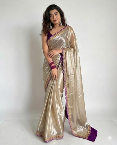 Image of HMP Fashion Women's Two-Tone Soft Erode Silk Saree with Lace Border, Banglori Blouse Piece