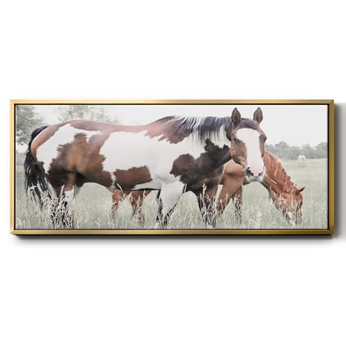 Renditions Gallery Framed Canvas Home Decor Grazin' Iconic Wild Stallion Artwork Wall Hangings for Bedroom Office Kitchen - 8"X20" Gold Frame GAL041