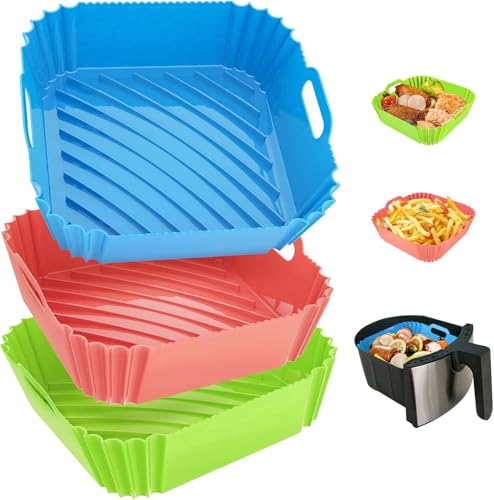 Large Silicone Air Fryer Liners Square 5-9 QT, 7.1 Inch Airfryer Liners Reusable Air Fryer Silicone Liners Pot Oven Liner Baking Tray, Air Fryer Basket Silicone Mat Bowl Air Fryer Accessories, 2 Pack