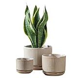 SURE YUESI Ceramic Planter Set of 3, Speckled Grey Ribbed Plant Pots with Drainage Hole and Saucer, Wabi-Sabi Indoor Planters with Mesh Pads for Houseplants, Succulents (4.33', 5.5', 6.88')