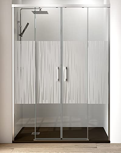 Mampara de Ducha Frontal Corredera | 2 Fijos + 2 puertas Corredera Apertura Central SERGIRAFÍA | Cristal Templado 6mm Antical y 195cm de Altura | Serigrafía Cromo Brillo 195cm (Adaptable 192-197cm) Cover