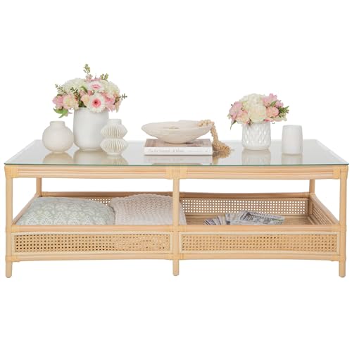 image for Kouboo Rattan Cane Rectangular 2-Tier Open Shelf Coffee Table with Gla