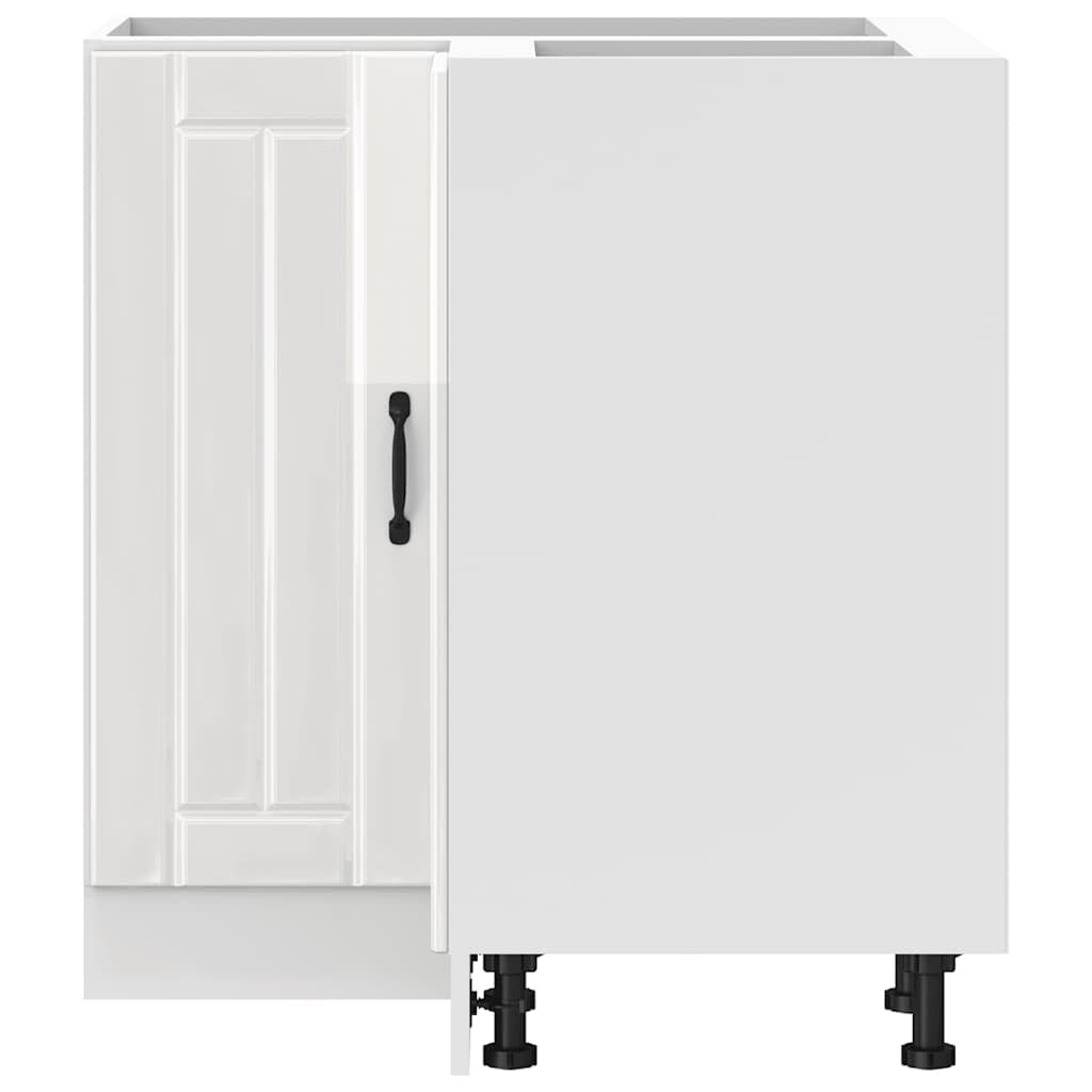 Lucca - Mobiletto angolare da cucina in legno bianco lucido, 75,5 x 75,5 x 81,5 cm, con piedini regolabili, spazio per cucina e sala da pranzo, autoportante, salvaspazio