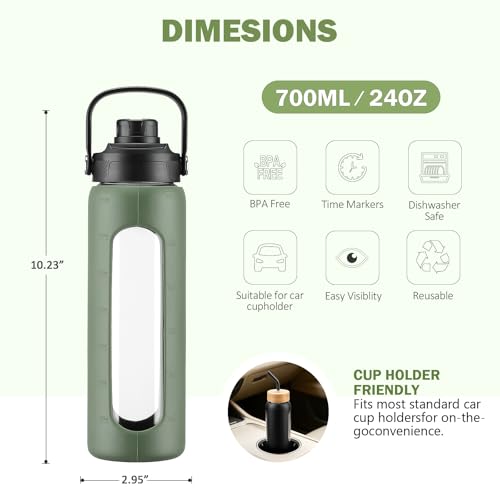 Image of 24 oz Glass Water Bottle with Straw - 2 Lids (Bamboo & Spout Lid), Motivational Borosilicate Glass Daily Water Intake Bottle with Time Marker, Silicone Sleeve for Gym Home Office-Olive