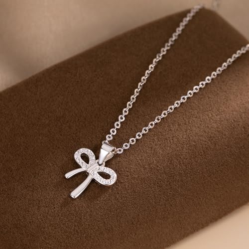 Image of Reffeer Solid 925 Sterling Silver CZ Bow Necklace Chain for Women Teen Girls Crystal Bow Pendant Necklace Choker Bowknot