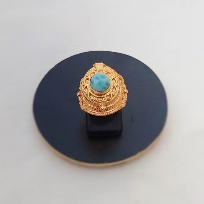 Natural Larimar Ring, Oval Stone Ring, Gold Plated Box Ring, Openable Ring, Vintage Box Ring, Poison Ring, Perfume Box ring, Handmade Poison Ring, Larimar Jewelry, Halloween Gifts