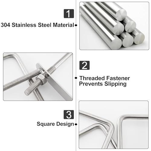 TOKSEO 6 Stück Bügelschraube, U Bügel mit Gewinde M6, U Bolzen, Quadratische Edelstahl U Schrauben mit Muttern Rahmenplatte Unterlegscheiben für Rohr Befestigung, Abschleppen, Autos Schiffen