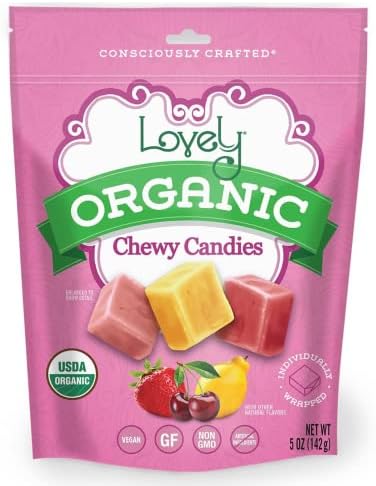 Lovely Candy Co. Organic Chewy Candies 5oz Bag (1-pack) | Natural Strawberry, Lemon & Cherry Flavors | Vegan, Gluten Free, Non-GMO, No Artificial Ingredients, Individually Wrapped