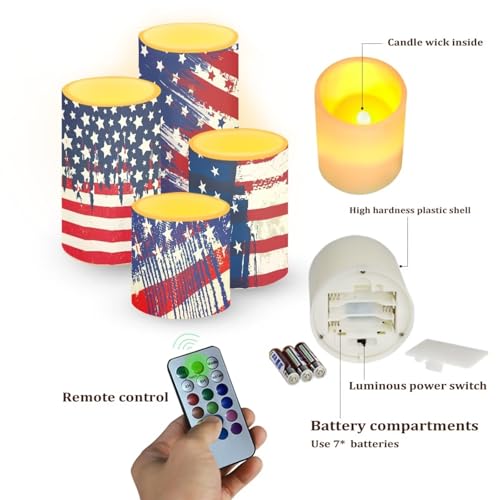 Image of American Flag Flameless Light Candles Battery Operated Candles with Color Changing Timer Remote Control Fake Pillar Candles for July 4th Patriotic Independence Day Decoration