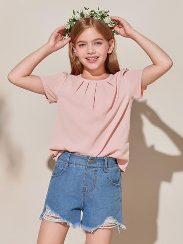 Girls Shirts Summer Short Sleeve Cute Tops Chiffon Pleated Blouses 5-14 Years2