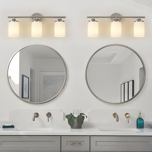 Image of Jonsi Nickel Bathroom Light Fixtures 3-Light Vanity Lights Modern Wall Sconce with Milk White Shade Brushed Nickel Bathroom Light Fixture Over Mirror for Bedroom Hallway Kitchen