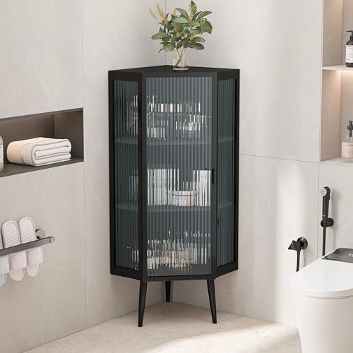 Knocbel Metal Corner Storage Cabinet with Tempered Glass Door and Fixed Shelves, Living Room Floor Cabinet Free Standing Organizer Unit with Legs (Black Metal)