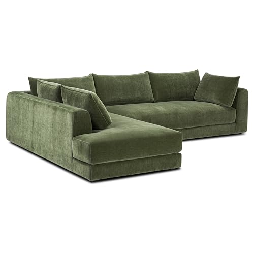 Image of Poly & BARK Marcel Left-Facing Corner Sectional with Extra-Wide Chaise - Upholstered in Sagano Green Fabric - Deep, Relaxed Modern Design with Feather-Blend Cushions for Living Room Comfort and Style