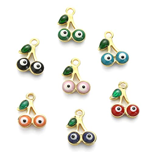 Stiesy 50Pcs Random Color Enamel Cherry Charms Pendants Cherry with Evil Eye Charms Cute Fruit Dangle Charms for DIY Crafts Bracelet Jewelry Making