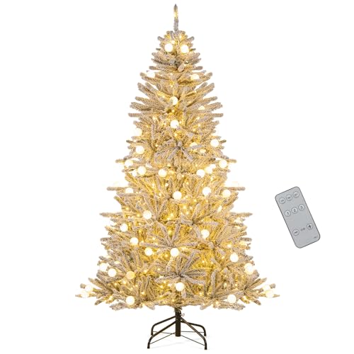COSTWAY Albero di Natale Innevato 180/210cm, Albero di Natale Artificiale Pre-illuminato con 250/350 Luci LED Bianche Calde, 51/65 Sfere Luminose 637/1273 Rami, Telecomando e Timer (180 cm)