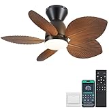 Kviflon Low Profile Ceiling Fans with Lights and Remote/APP Control, 30 Inch Small Tropical Ceiling Fan with Light Flush Mount, Outdoor Palm Leaf Ceiling Fans for Patios Porch, Quiet, Brown