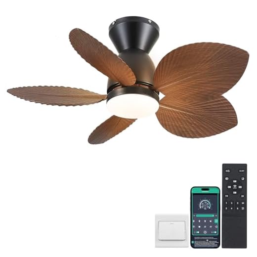Kviflon Low Profile Ceiling Fans with Lights and Remote/APP Control, 30 Inch Small Tropical Ceiling Fan with Light Flush Mount, Outdoor Palm Leaf Ceiling Fans for Patios Porch, Quiet, Brown