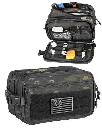 DBTAC Tactical Toiletry Bag w/Electronic Organizer Compartment | Dry/Wet Separate Hygiene Bag, Expanded Travel Dopp Kit Shaving Kit Travel shower Bag for Men (Black Camo)