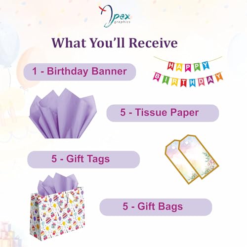 Image of Birthday Gift Bags Large - Paper Bags for Return Gifts - Pack of 5 | Large Carry Bags for Gifts | Return Gift Bags for Kids Birthday Party | Paper Bags for Gifting | 14 x 10.5 x 4 Inch | Bag with Tissue, Tag & Banner