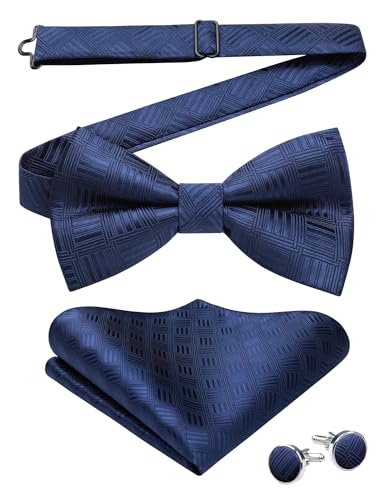 Image of HISDERN Mens Plaid Bow Tie Set Pocket Square and Cufflinks Bowtie | Pretied Bowties Design for Easy Wear,Check Pattern,Matching Handkerchief Cuff Link,3PCS Set Wedding Formal Party Groom Prom